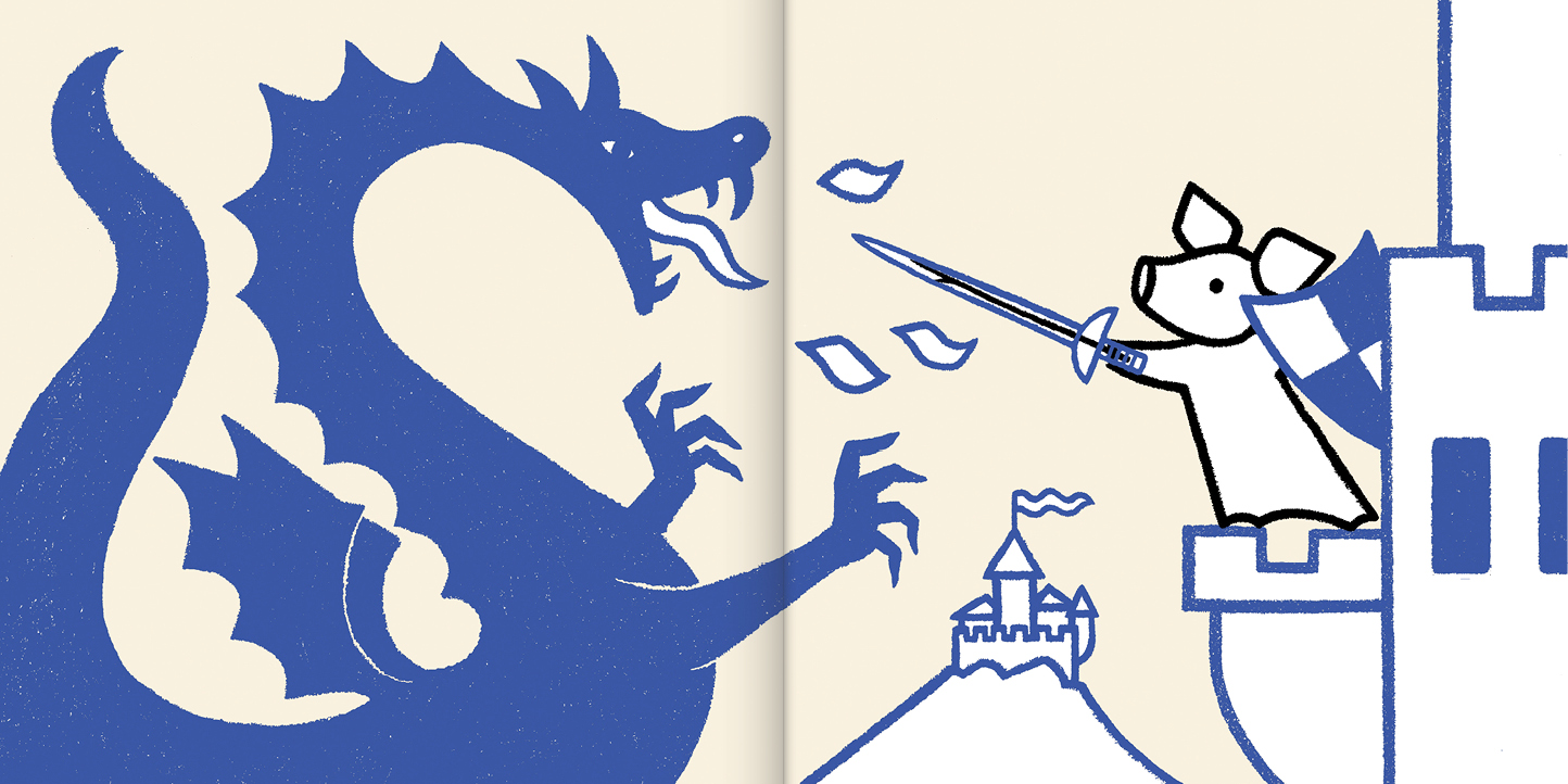 An Illustration of a pig fighting a blue dragon in the book Not A Stick