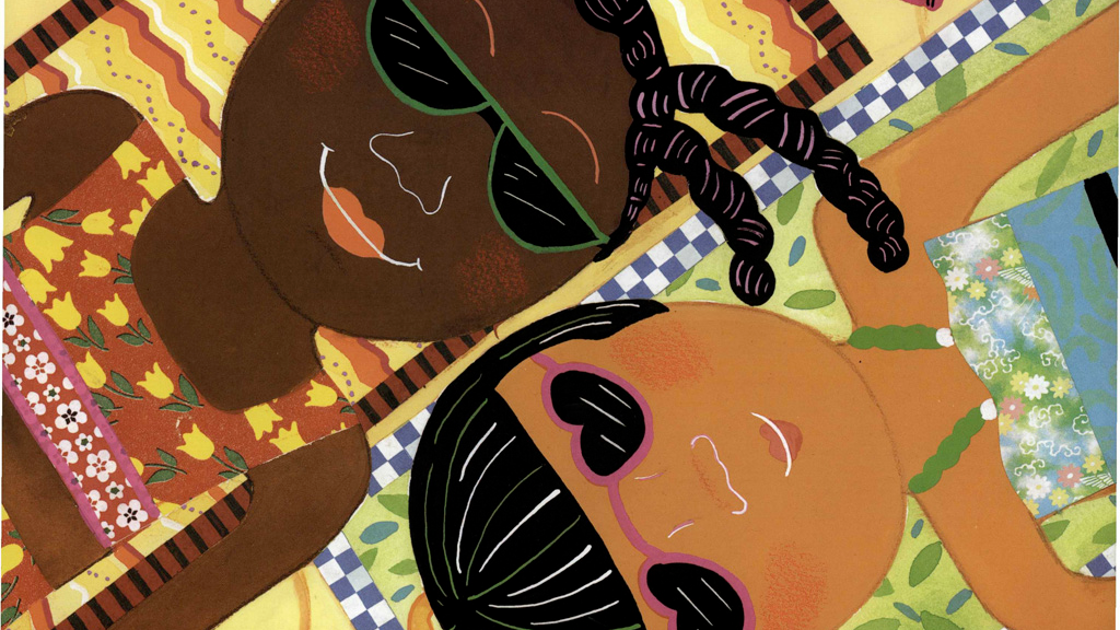 illustration of two young girl laying on towels from The Color of Us by Karen Katz