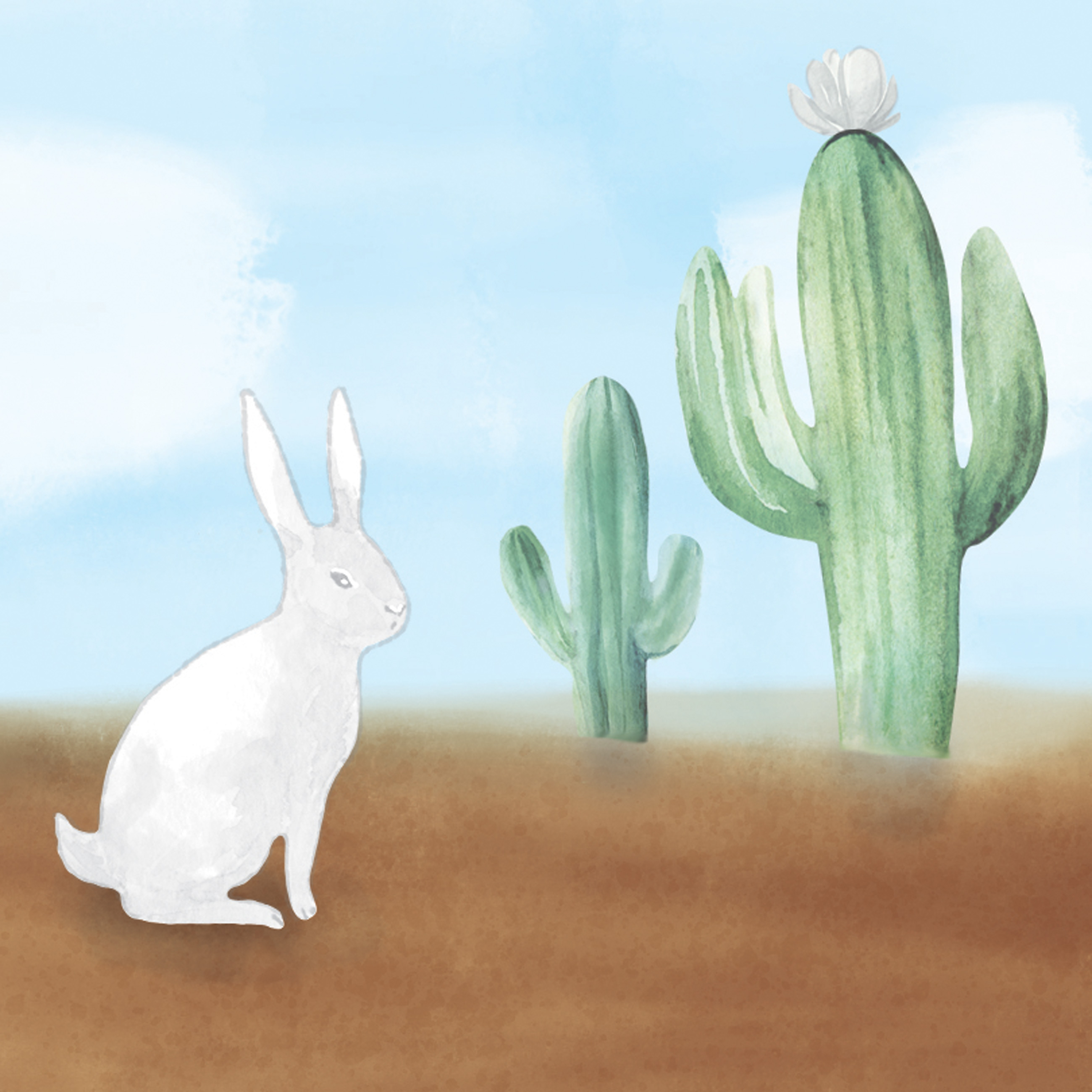 illustration of a white bunny next two 2 cactus with blue sky and clouds behind them