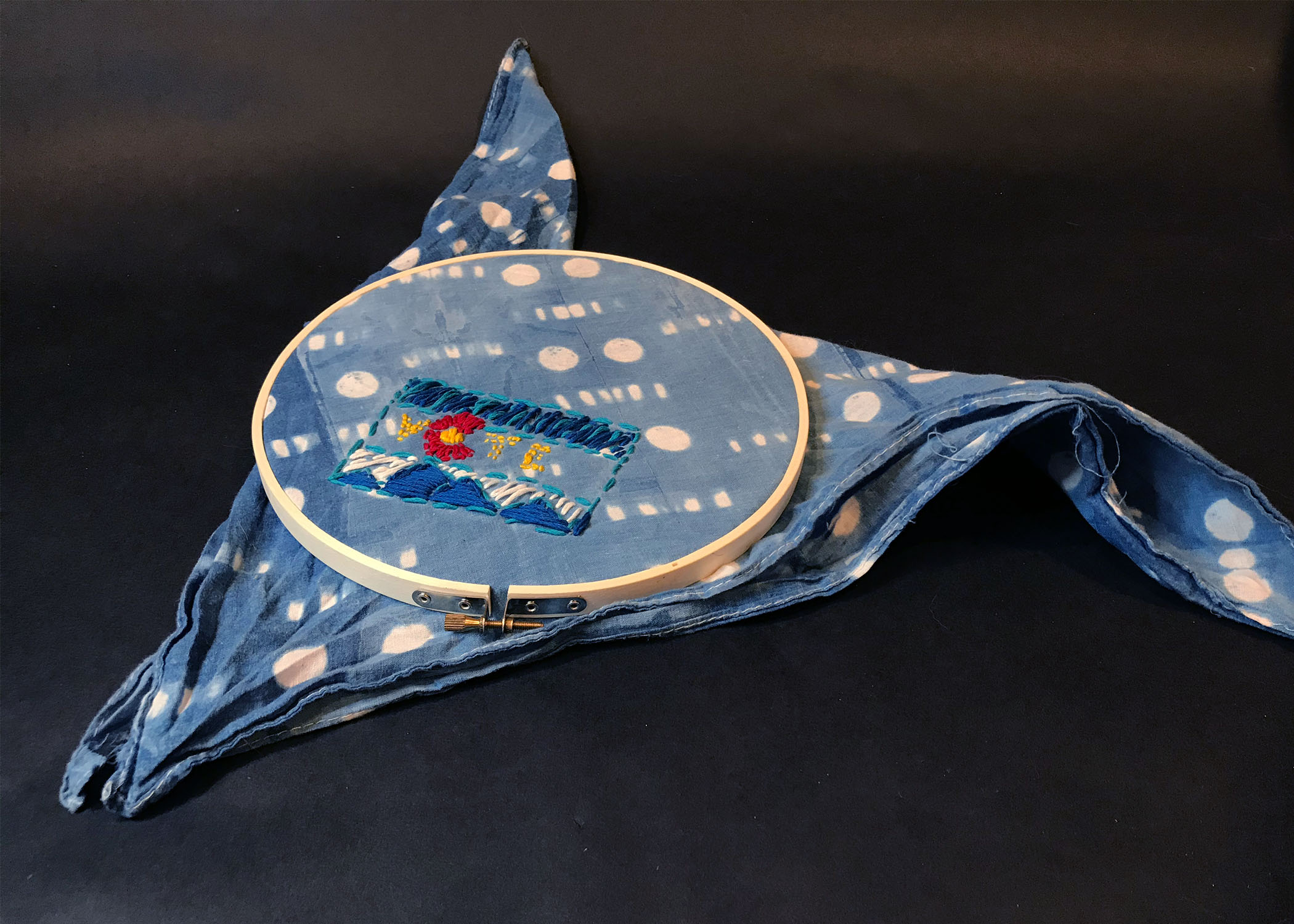 An example of a finished embroidered bandanna