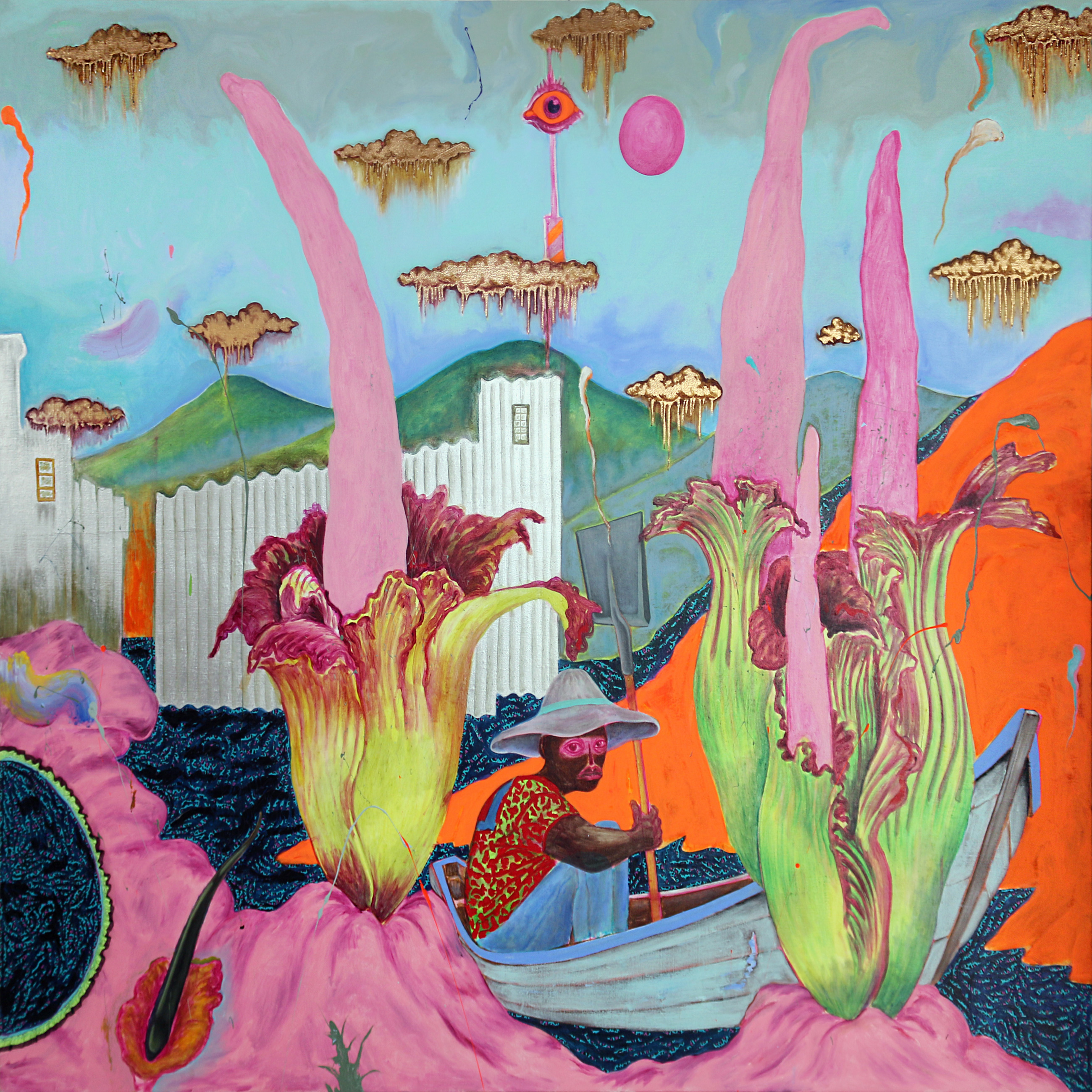 Brightly colored corpse flowers with pink stems and roots