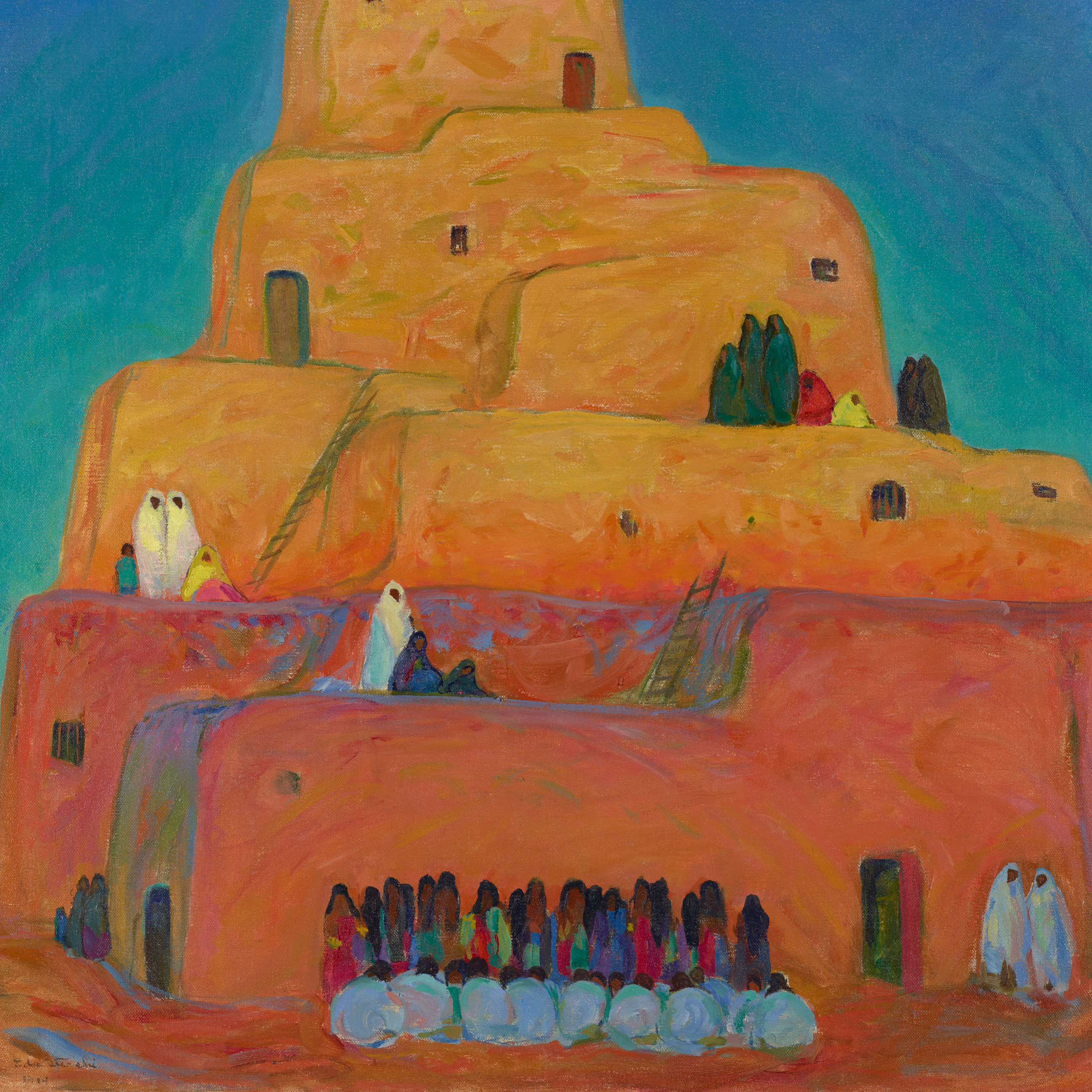 painting of Indigenous women on a Pueblo