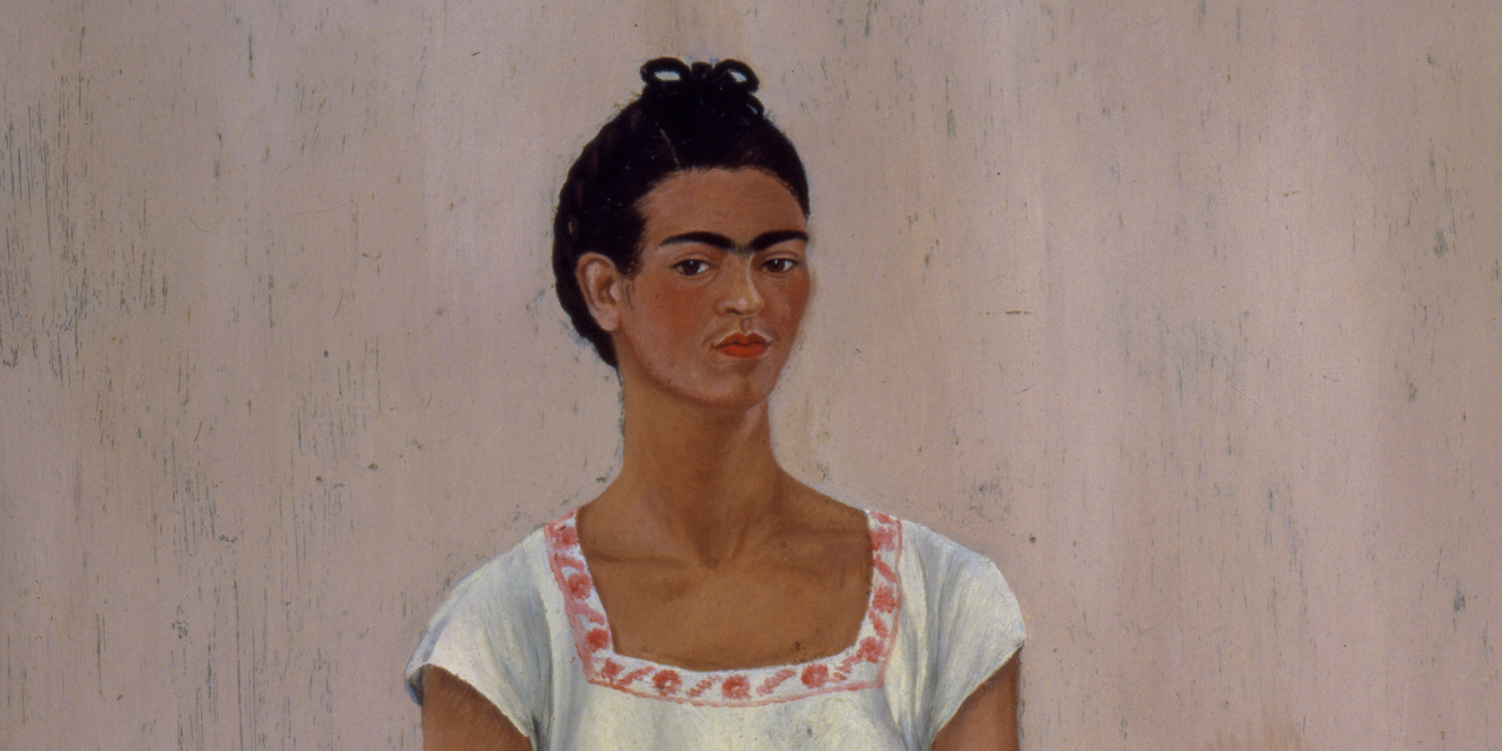painting of Frida Kahlo from chest up in a white blouse