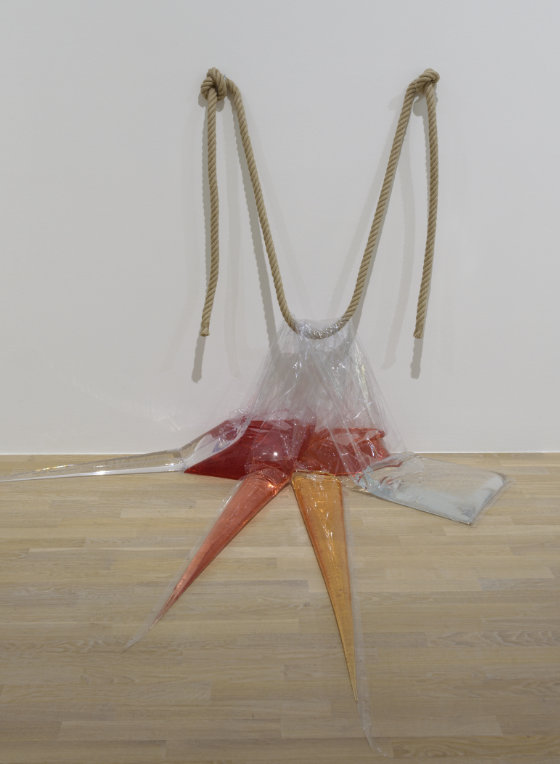 Four clear vinyl bags filled with colored water hang from a thick rope attached to the wall.