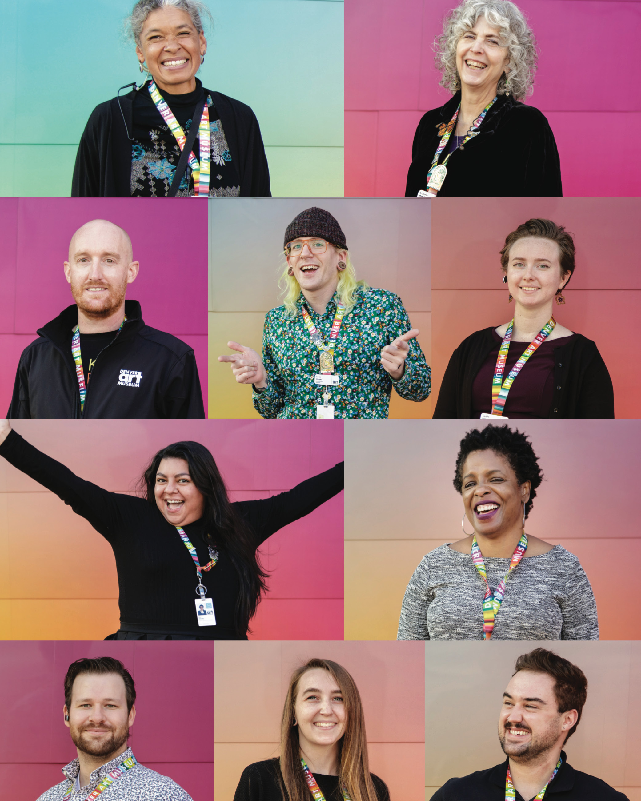 A grid of 10 portraits of Denver Art Museum staff members in front of colorful background