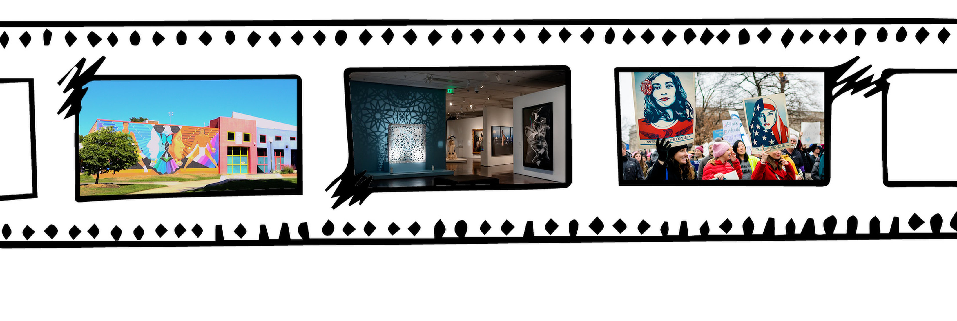 Illustrated image of a film strip. In each of the three frames of the film strip are three different photos, one of a mural on the side of a building, one of the interior of a museum gallery filled with art, and the third with an image from a protest.