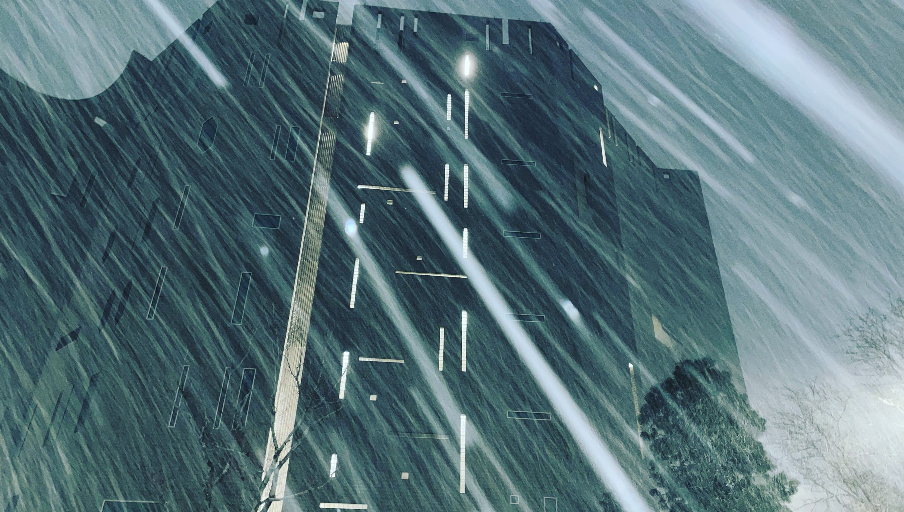 snow storm at night in front of the Martin Building