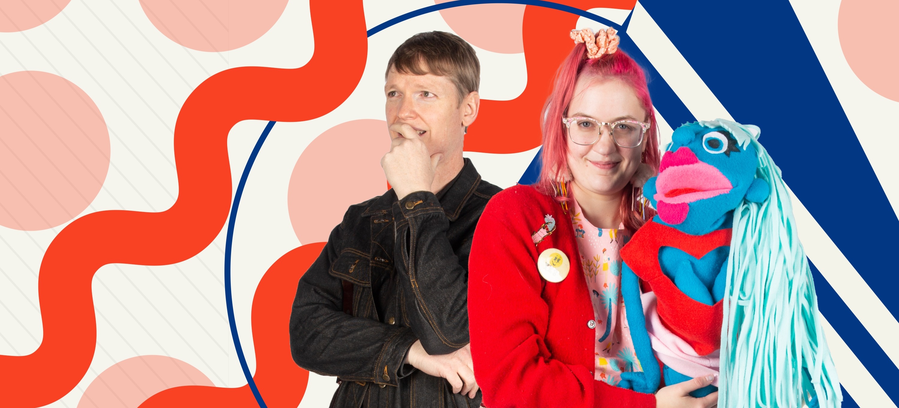 Artists Chris Bagley and Katy Batsel, who is holding a blue puppet.