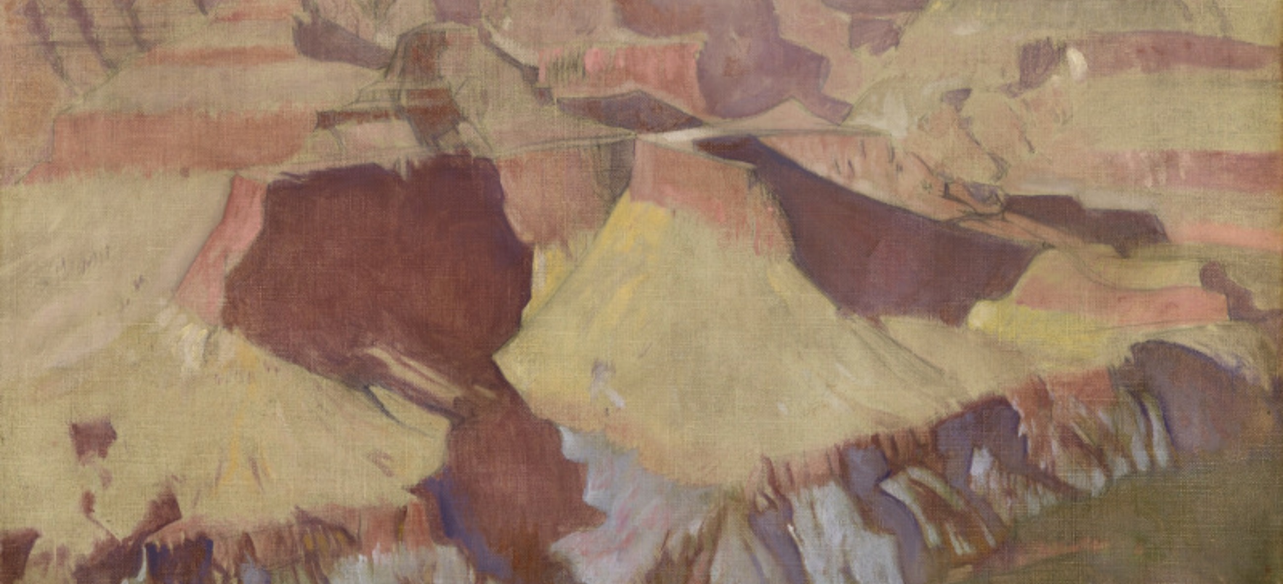 A painting of red mountains by artist Arthur Wesley Dow titled, "Red Temples."