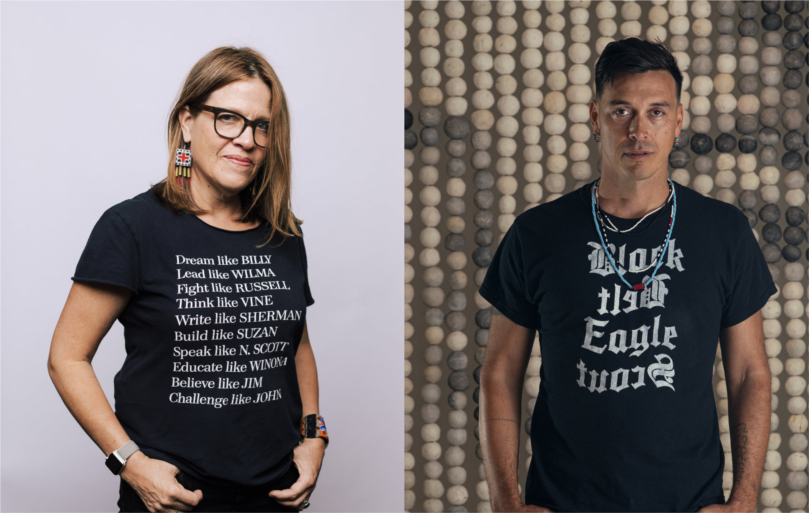 Side by side portraits of the artists, Marie Watt and Cannupa Hanska Luger