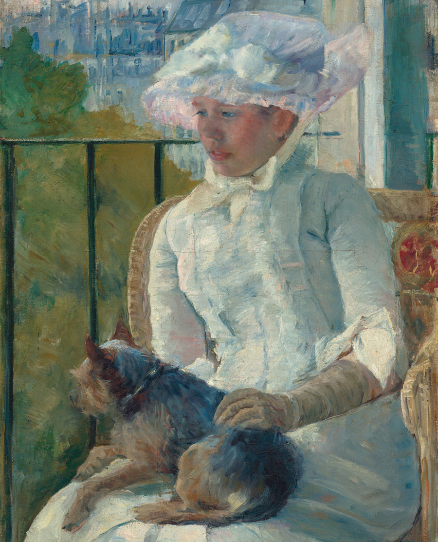 Painting of a woman seated on a balcony with a dog in her lap