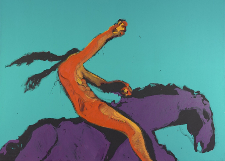 Colorful painting of a Native American man raising his fist on horseback