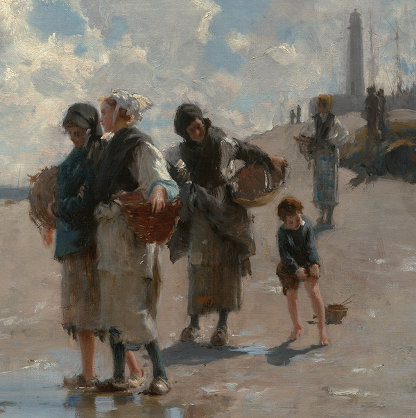Painting of a group of men, women, and children at the beach on a clear day
