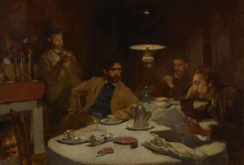A painting of four men having breakfast, smoking cigarettes, and reading the newspaper together around a table.