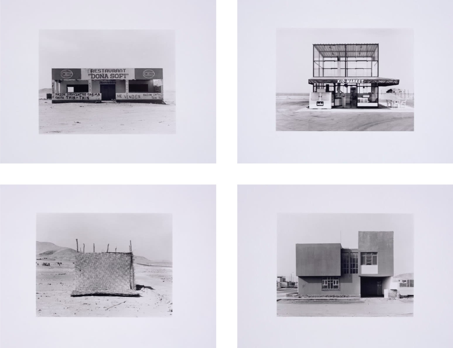 Four framed black-and-white photographs arranged in a two-by-two square grid. Each depicts a different solitary building structure in Peru. The buildings appear to be abandoned.