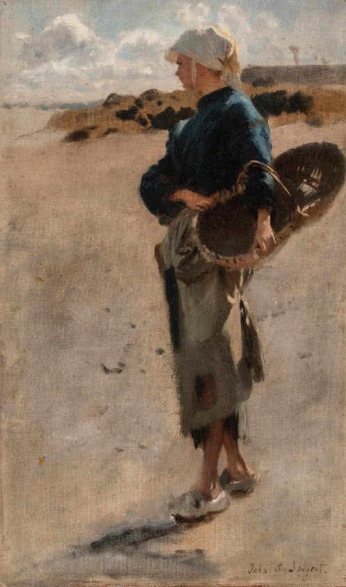 A painting of a woman standing on the beach holding a large basket for fishing on her hip.