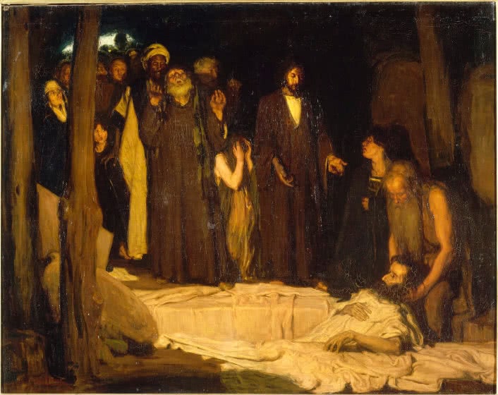 A painting of a dimly lit scene depicting the biblical story of Jesus raising Lazarus from the grave.