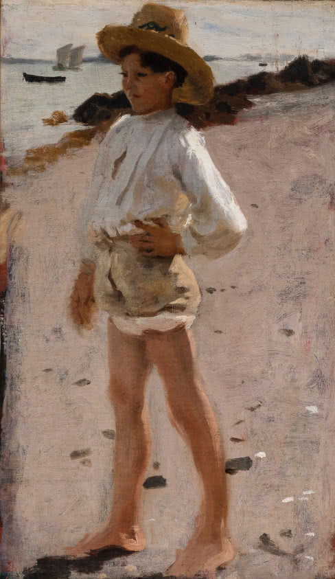 A painting of a young boy barefoot on the beach wearing a hat and shorts while looking out at the ocean.
