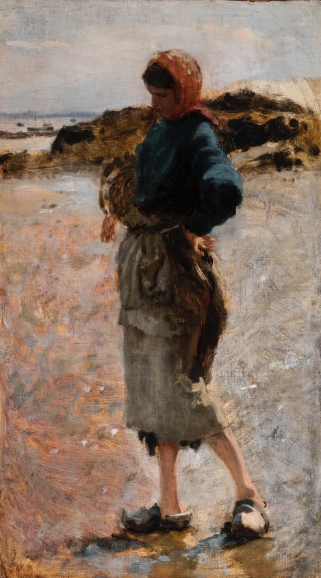A painting of a young woman on the beach carrying a fishing basket under her arm as she surveys the water.