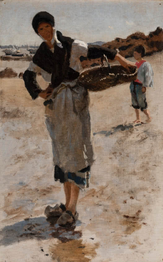 A painting of a young woman on the beach carrying a large basket for fishing down to the edge of the sea.