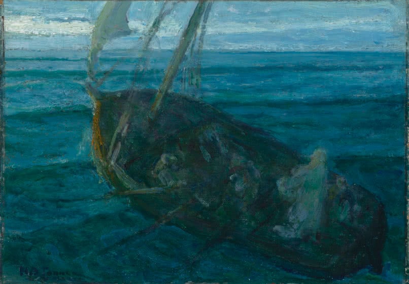 A painting of Jesus and his disciples in a small boat crossing the Sea of Galilee.