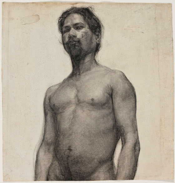 A black-and-white drawing of a nude, bearded male model from the torso up.