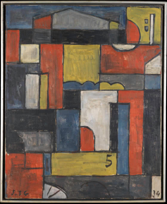 Painting composed of geometric shapes, mostly rectangles, in primary colors as well as black, gray, and white.