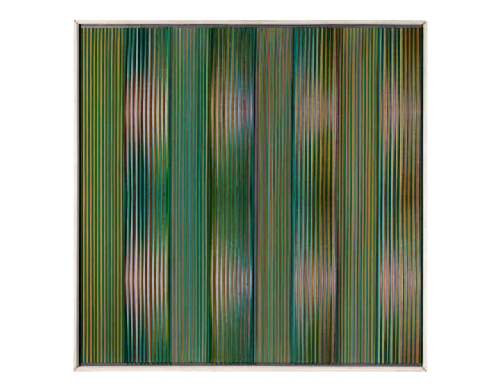 Artwork that features different vertical lines of colors packed tightly together to create an optical illusion.