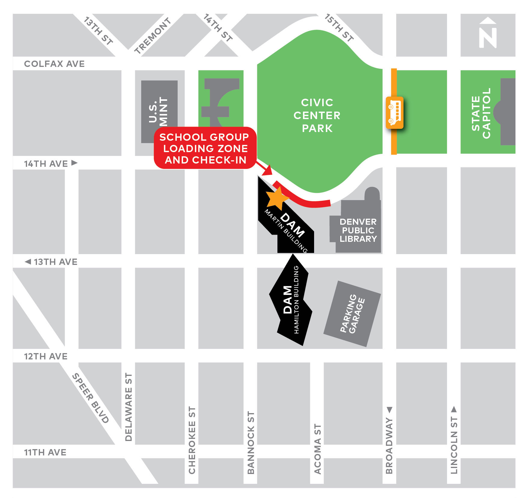 Map of Denver Art Museum campus designating school trip drop off zones