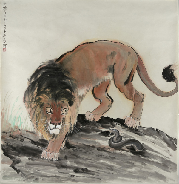 Ink and color painting of a lion hunting a snake.
