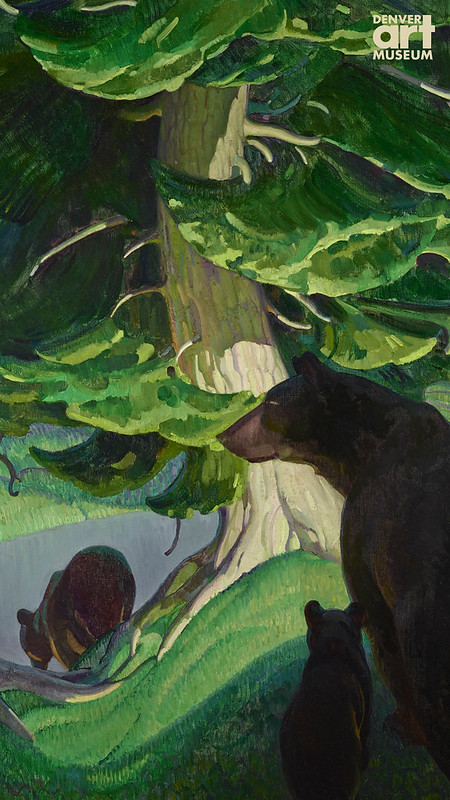Painting of black bears in a lush green forest