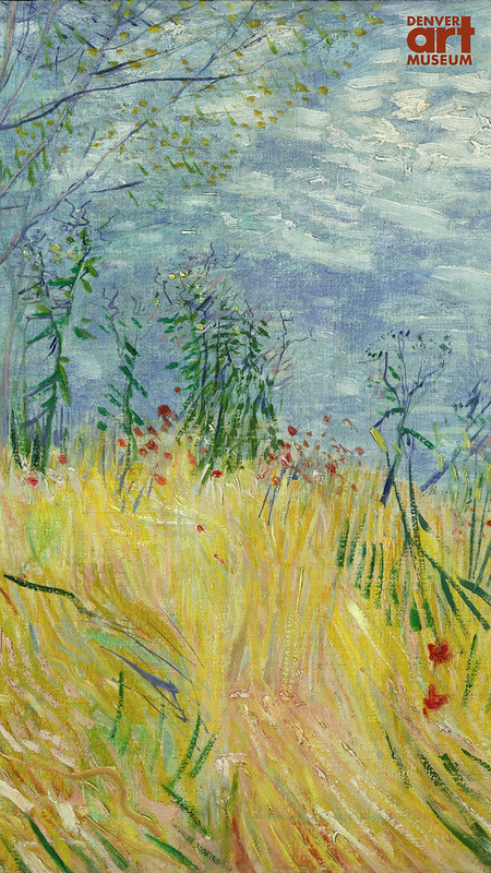 Impressionistic painting of a wheat field, poppies, and a dreamy blue sky