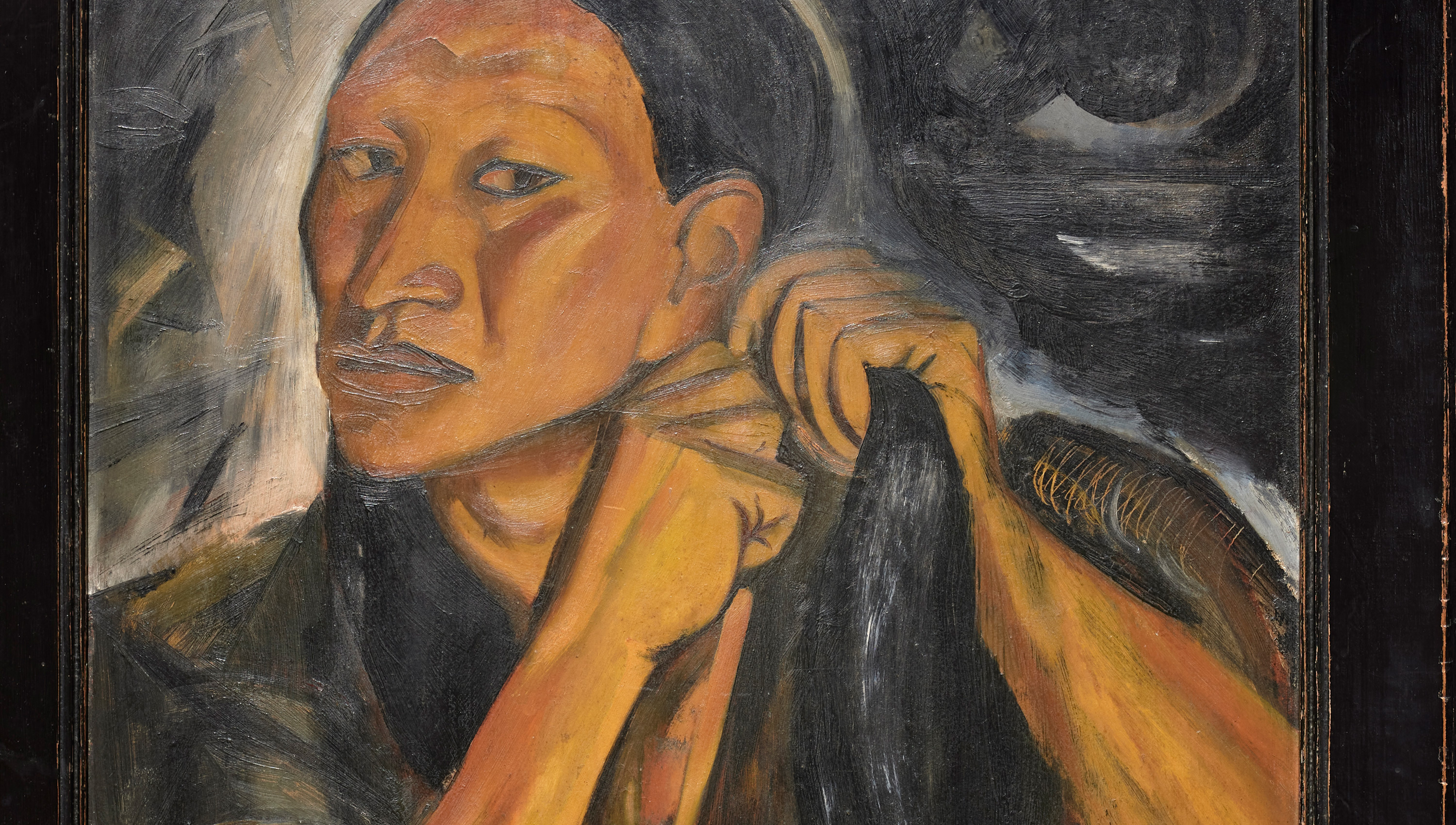 painting of a man braiding his hair