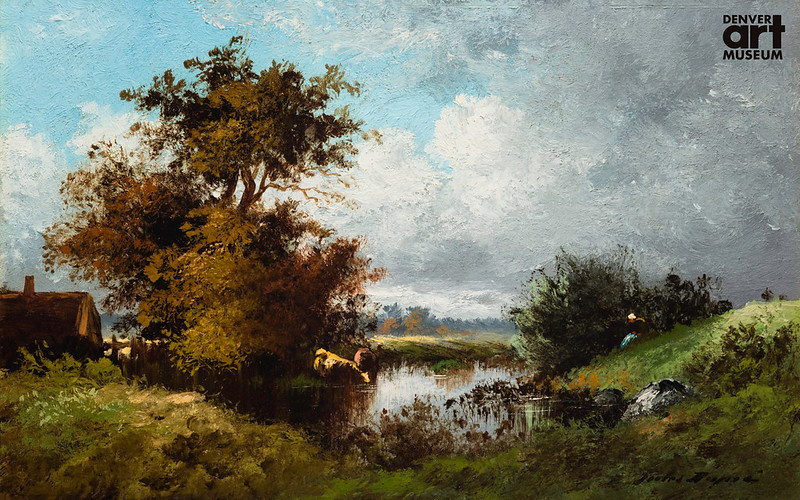 Painting of French countryside on a clear day with green foliage and a body of water in the center