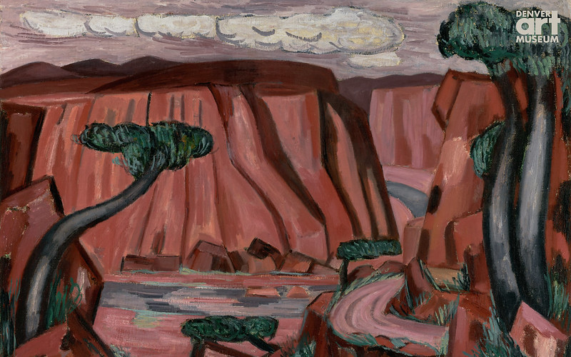 Painting of red canyon and mountains in New Mexico