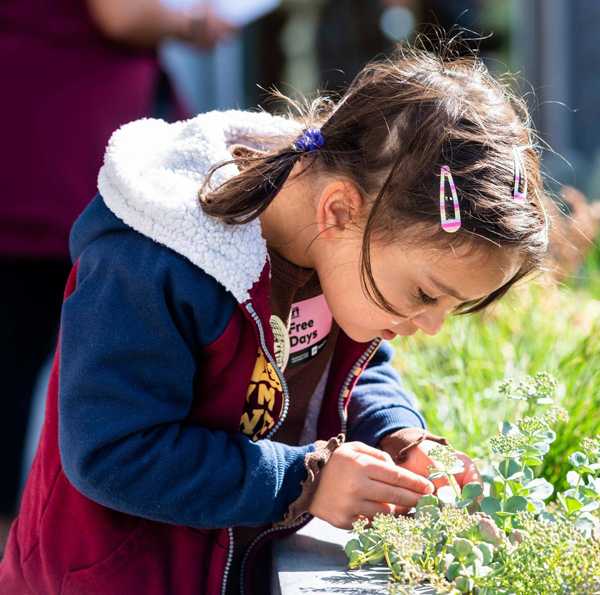 Young girl leaning over to touch plants in the Sensory Garden