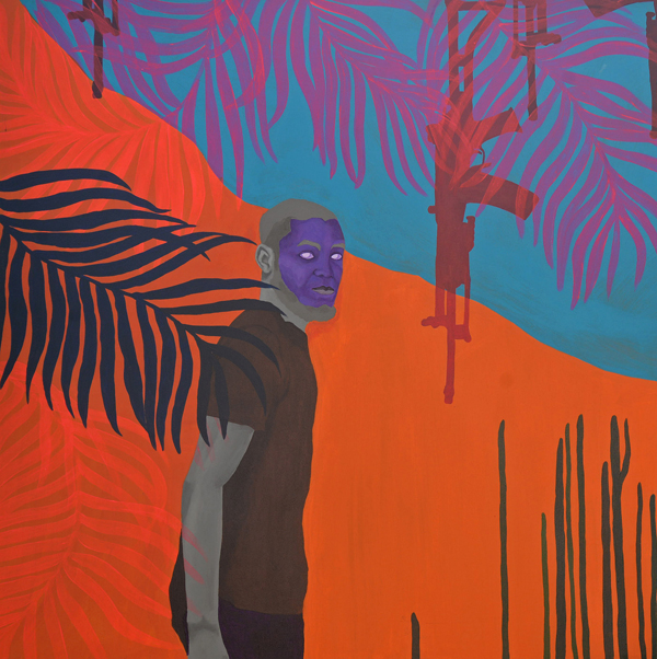 Man in purple face in a surreal orange and blue landscape