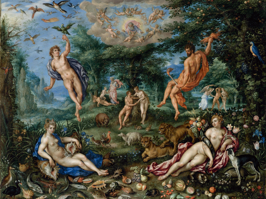 Naked humans and animals in repose in the garden of Eden