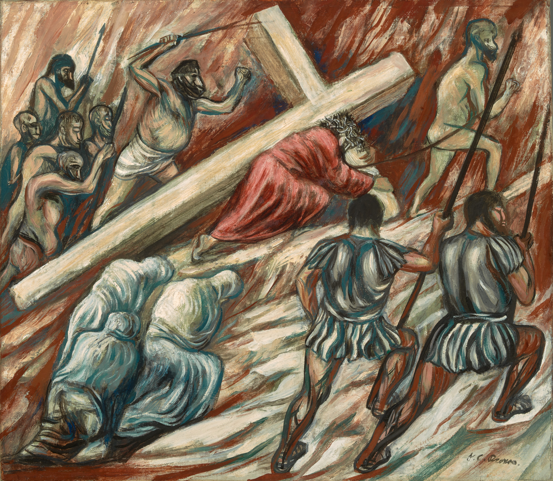 Painting depicting a group of men carrying Christ on the cross
