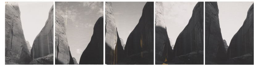 A series of five black and white photographs of the steep sides of a canyon, which together form a V shape. Each photo shows shadows at different times of day against the rock faces.