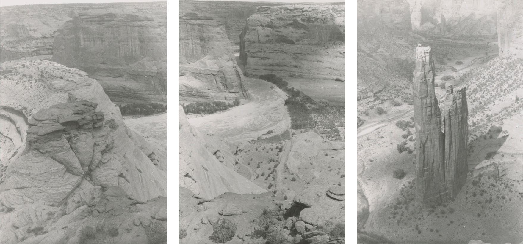 Three black and white photographs which together form a panorama of the Canyon de Chelly in Arizona.