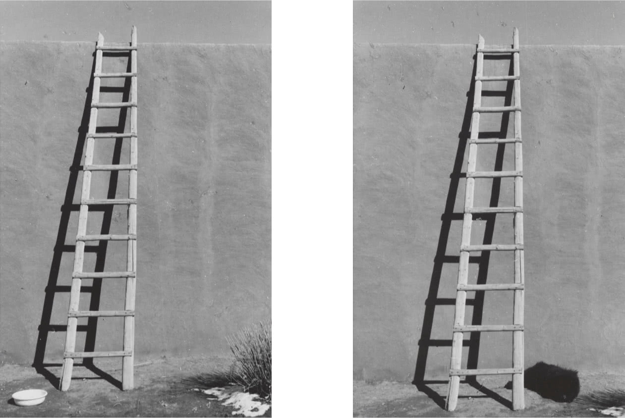 A set of two black and white photographs of a sun-bleached wooden ladder leaning against an adobe wall. The shadow from the ladder creates a pattern of lines. In the photo on the left, a white bowl sits on the ground at the base of the ladder. In the photo on the right, O’Keeffe’s black Chow rests slightly behind the right of the ladder.