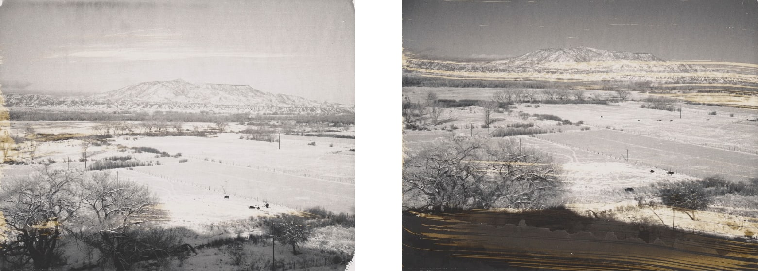Two black and white photographs featuring the same snowy New Mexican landscape.