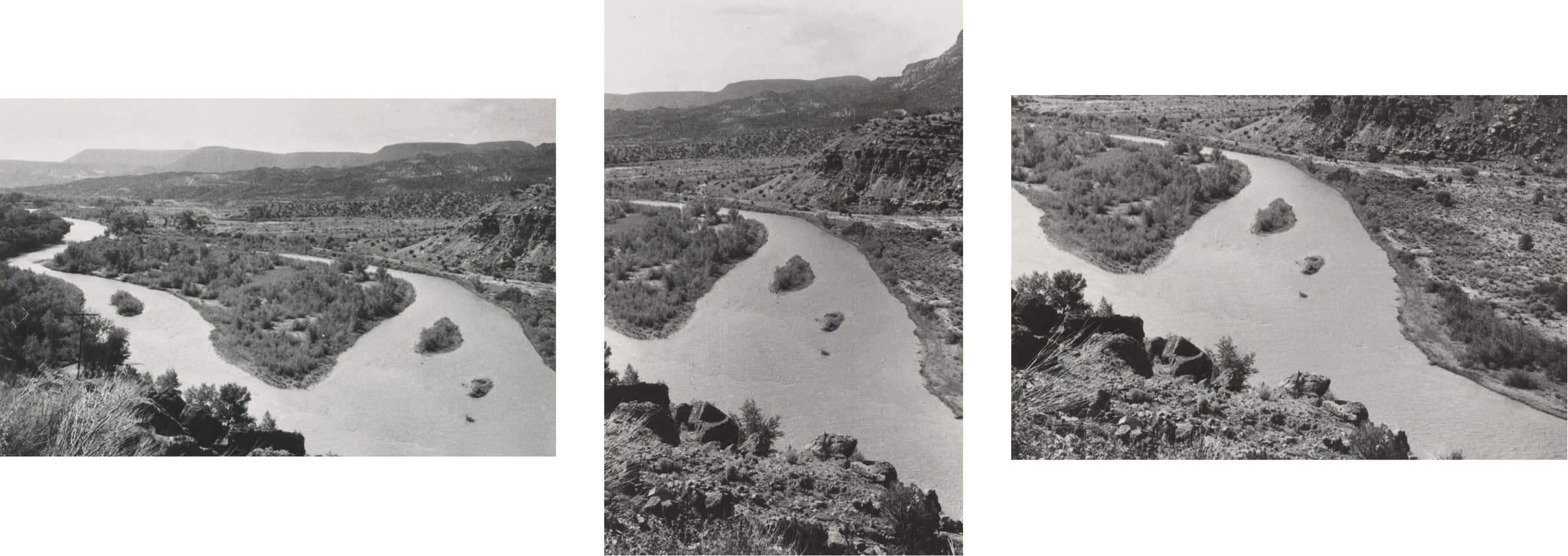 A series of three black and white photographs of the Rio Chama from an elevated vantage point. Each photo varies slightly in framing.