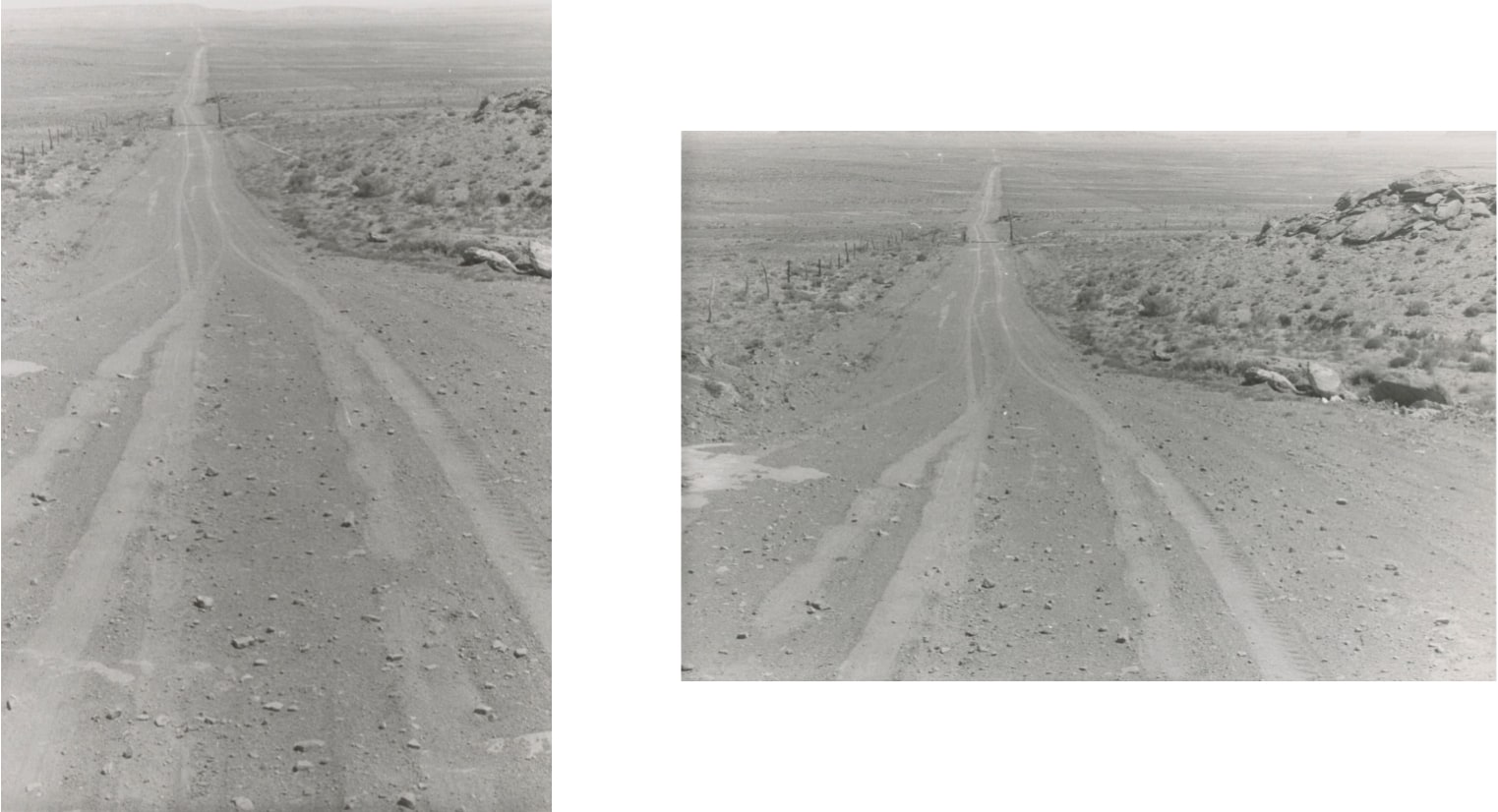 A set of two black and white photographs, one portrait and the other landscape, of a long desert dirt road with visible tire tracks. The road stretches far off into the horizon.