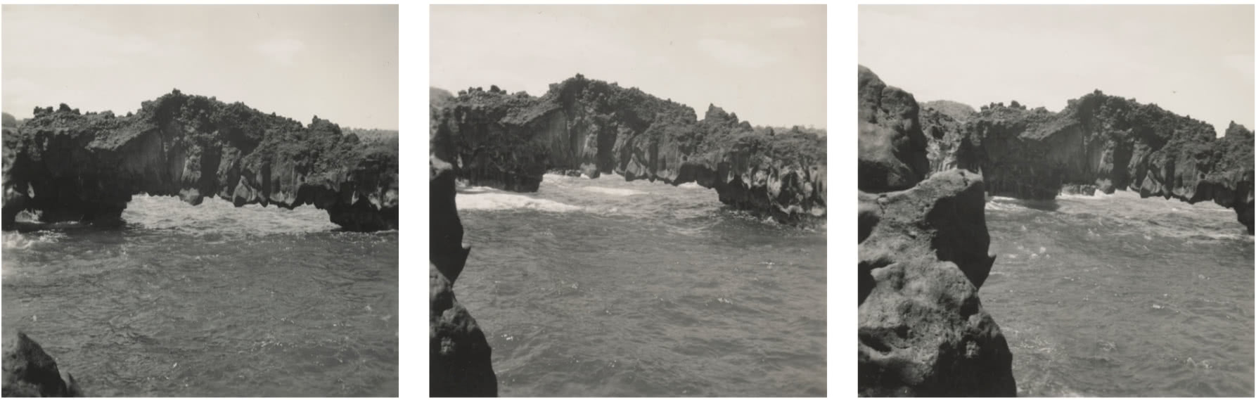 A series of three black and white photographs of volcanic rock formations set against choppy water. Each photo has slightly different framing but features the same scene.