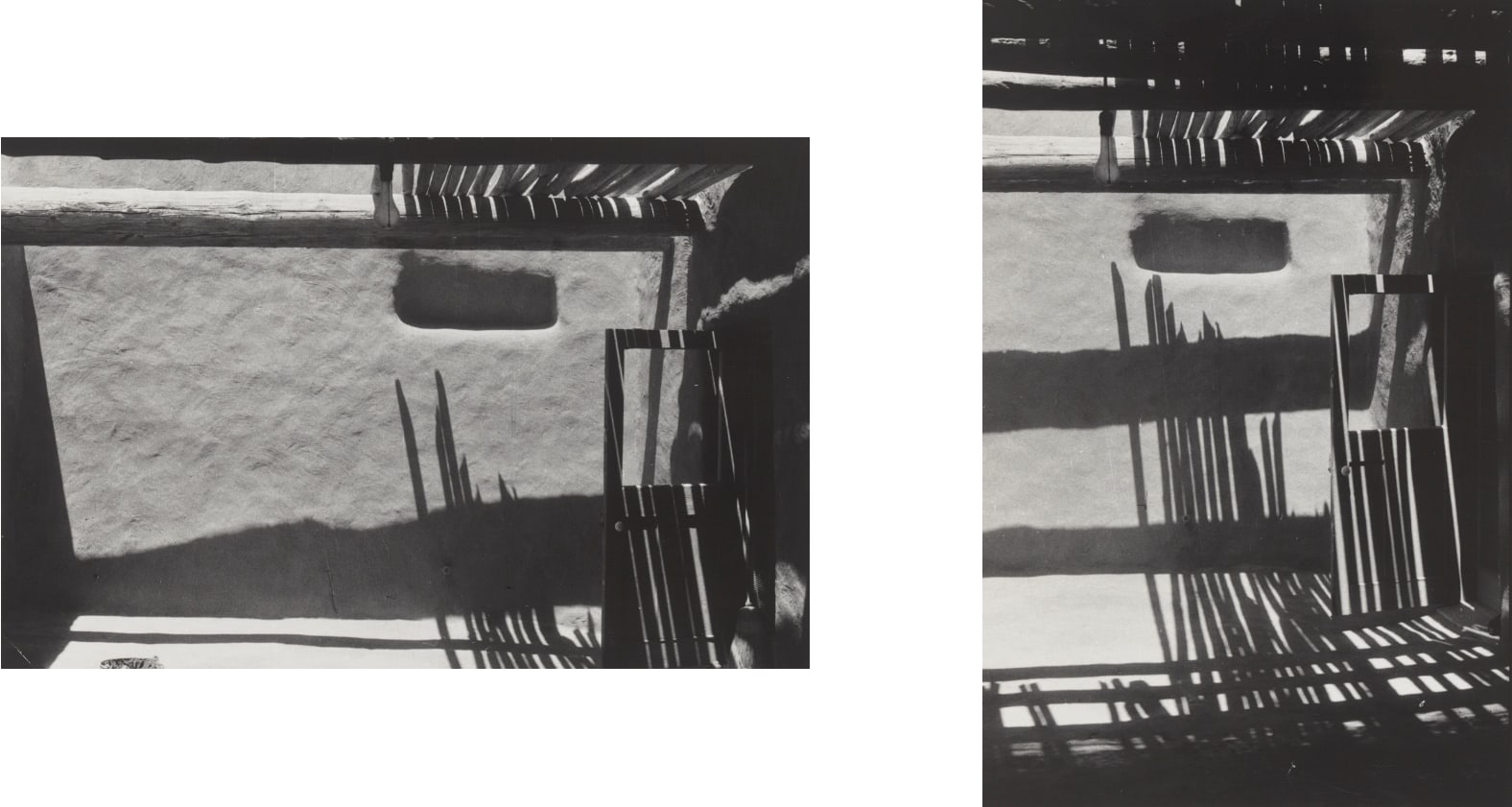 Two black and white photographs taken in different orientations of the shadows cast by an open roof. The shadows of the beams create a repetitive pattern.