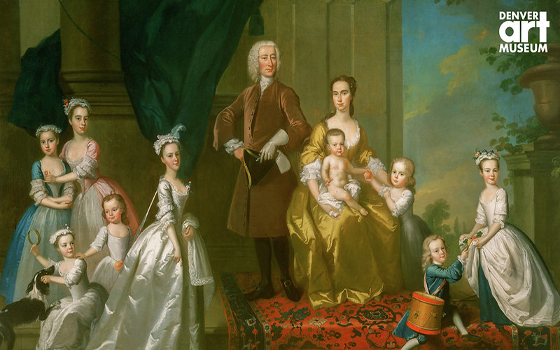 Large family painting with the couple at the center surrounded by their young sons and daughters