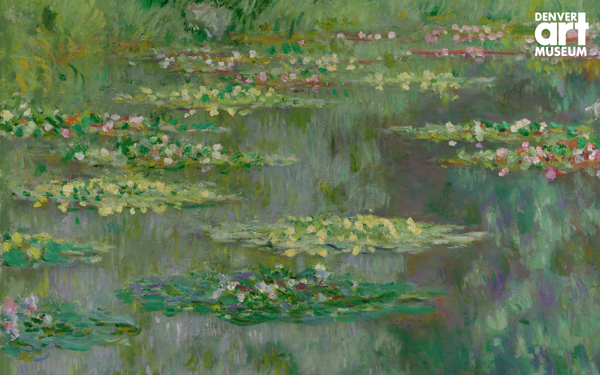 Impressionistic painting of a pond filled with green lily pads