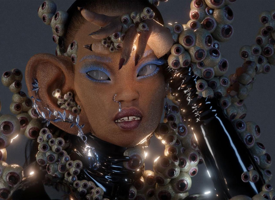 Installation of a robotic figure with a mask made to resemble a woman's face